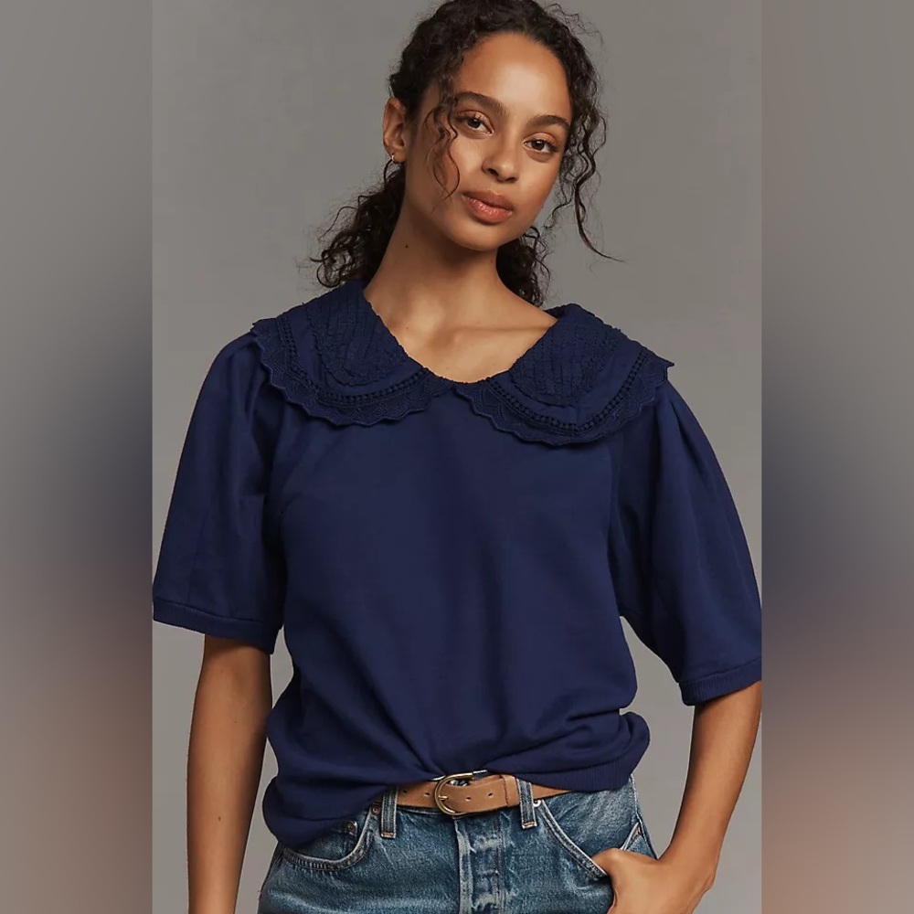 Maeve Navy Crochet Peter Pan Collar Blouse